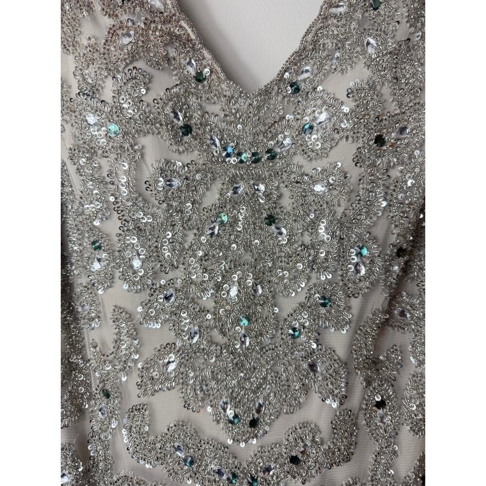 AIDAN MATTOX DRESS GOWN SILVER GREEN SEQUINS WEDDING GUEST DRESS EVENING FORMAL - Picture 7 of 12
